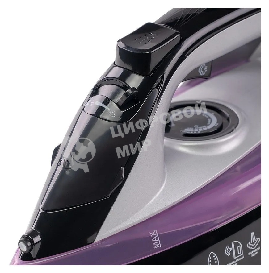 Утюг Galaxy Line GL 6128, фиолетовый с черным, паровой, 2200 Вт, постоянный пар 30 г/мин, паровой удар 140 г/мин, функции: самоочистка, антикапля, антинакипь, функция увлажнения, вертикальное отпаривание, защита от перегрева, индикатор нагрева, керамическ