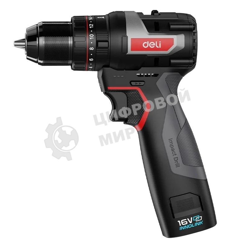 Дрель-шуруповерт аккумуляторная Deli DE-CZ16-1D2, 16В, 2 АКБ, Ударная, Сумка