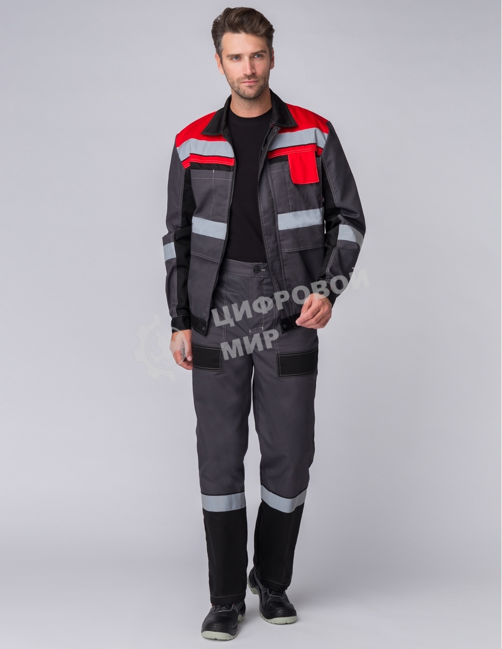 Костюм Виват-1 Премиум (ткань Смесовая,240) брюки, серый черный красный, 52-54 182-188