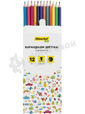 Карандаши цветные Silwerhof Eco 2.6 мм, шестигранный профиль, пластик, ассорти, 12 цветов, коробка с европодвесом