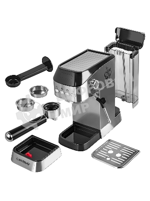 Кофеварка рожкового типа электрическая Endever Costa-1089, объем-1,2л, стальной/черный, мощность 1350 Вт, давление 20 бар