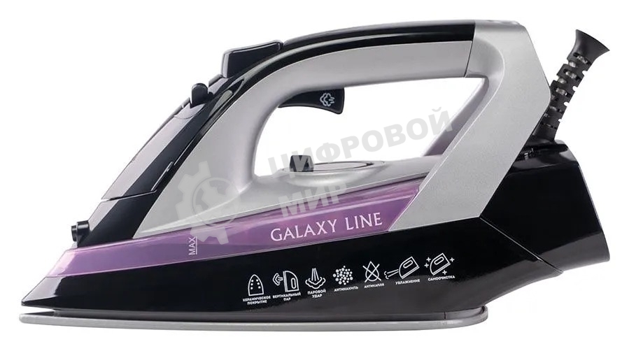 Утюг Galaxy Line GL 6128, фиолетовый с черным, паровой, 2200 Вт, постоянный пар 30 г/мин, паровой удар 140 г/мин, функции: самоочистка, антикапля, антинакипь, функция увлажнения, вертикальное отпаривание, защита от перегрева, индикатор нагрева, керамическ