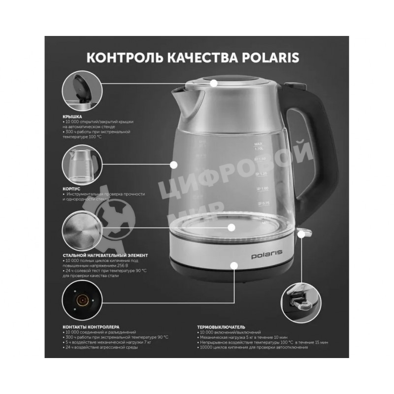 Чайник электрический Polaris PWK-1527СGL 1.7 л, 2100вт, стальной