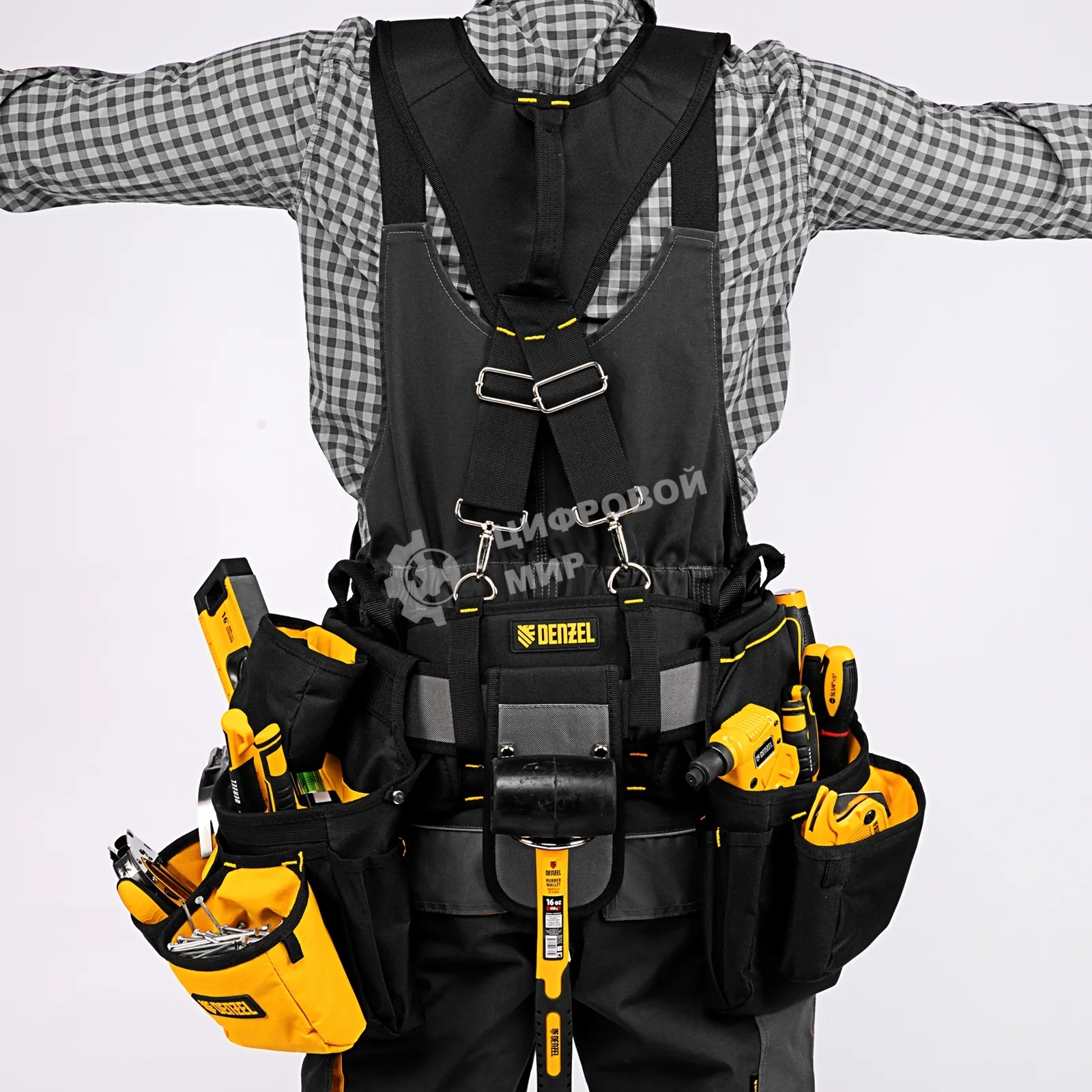 Пояс монтажника усиленный Denzel с лямками, сумки поясные, держатель для молотка