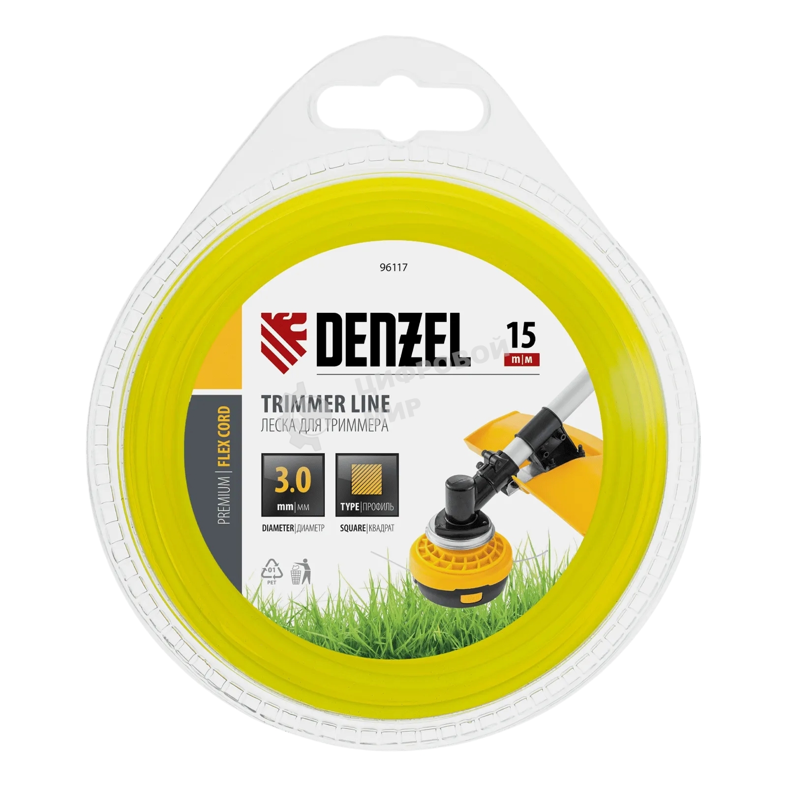 Леска для триммера Denzel FLEX CORD 96117 квадрат 3 мм х 15 м, блистер