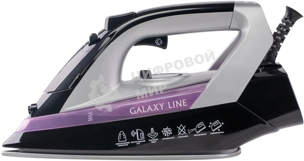 Утюг Galaxy Line GL 6128, фиолетовый с черным, паровой, 2200 Вт, постоянный пар 30 г/мин, паровой удар 140 г/мин, функции: самоочистка, антикапля, антинакипь, функция увлажнения, вертикальное отпаривание, защита от перегрева, индикатор нагрева, керамическ