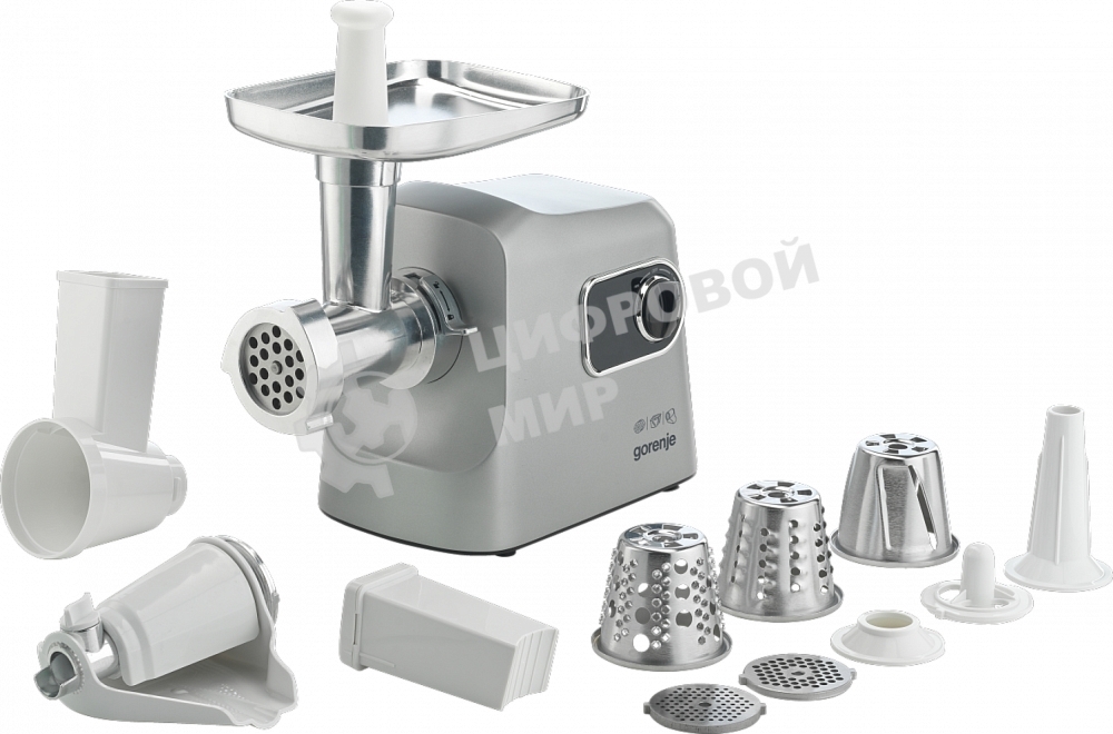 Мясорубка электрическая Gorenje MG2500DS серый, 2500 Вт, 2.8 кг/мин, реверс, защита от перегрузки, металлический лоток, насадки - 8