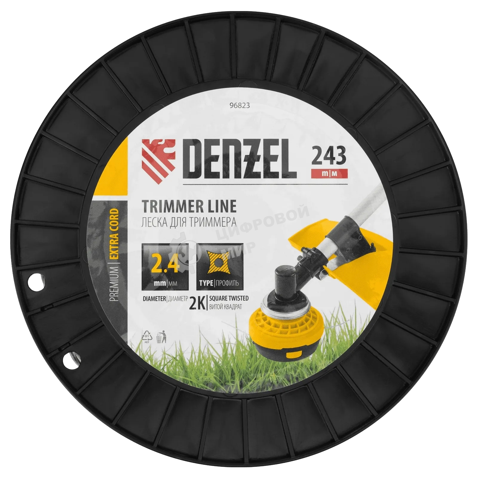 Леска для триммера Denzel двухкомпонентная витой квадрат, 2,4мм х 243м, на DIN катушке EXTRA CORD