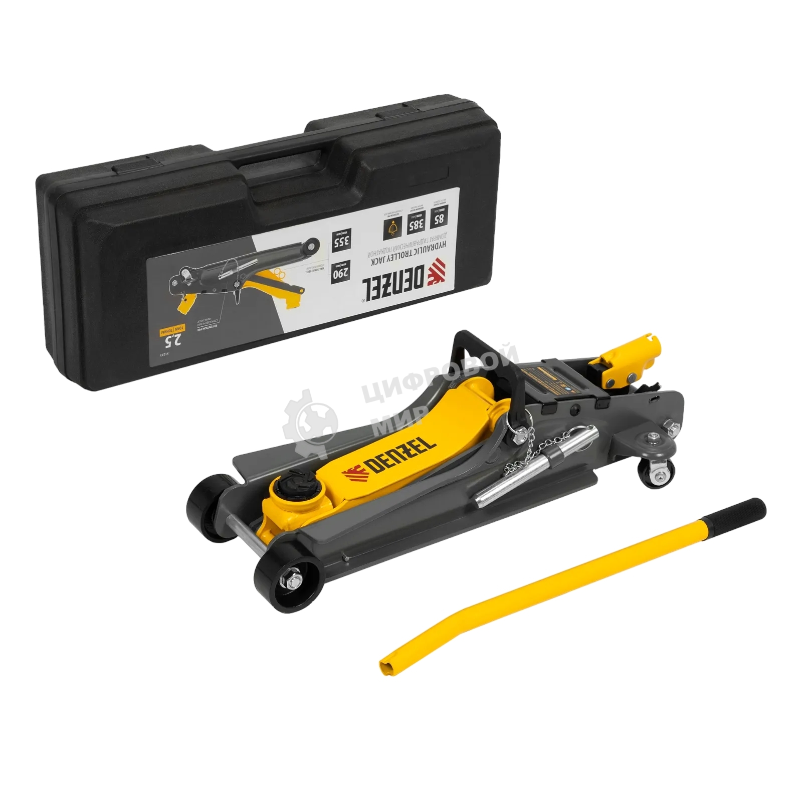 Домкрат гидравлический подкатной с фиксатором Denzel 2,5 т,85-385 мм, в пласт. кейсе