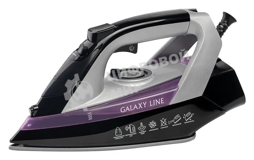 Утюг Galaxy Line GL 6128, фиолетовый с черным, паровой, 2200 Вт, постоянный пар 30 г/мин, паровой удар 140 г/мин, функции: самоочистка, антикапля, антинакипь, функция увлажнения, вертикальное отпаривание, защита от перегрева, индикатор нагрева, керамическ