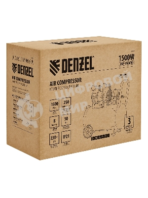 Компрессор безмасляный малошумный Denzel DLP-1500/50, 1,5 кВт, 50 л, 2850 об/мин, 250 л/мин