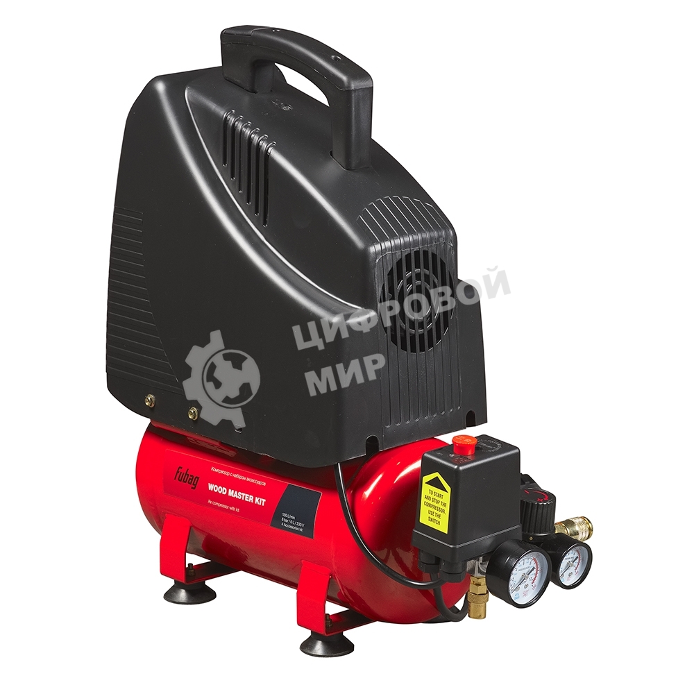 Компрессор поршневой Fubag Wood Master Kit безмасляный 180 л/мин, 6 л, 1100 Вт, красный/черный