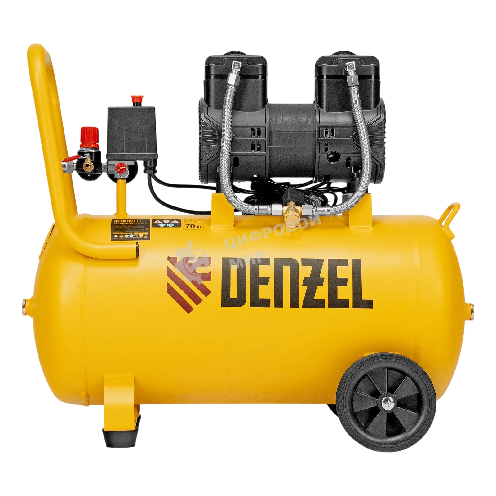 Компрессор безмасляный малошумный Denzel DLP-1500/50, 1,5 кВт, 50 л, 2850 об/мин, 250 л/мин
