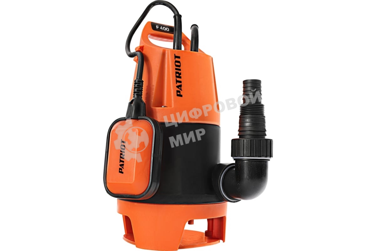 Насос дренажный PATRIOT F 400 (NEW) 315302405 Мощн. - 400 Вт, напр. - 220 В, макс.производит. - 8000 л/час, макс. глуб. погруж. - 5 м., макс. выс.подъема- 5 м., корпус - пластик.