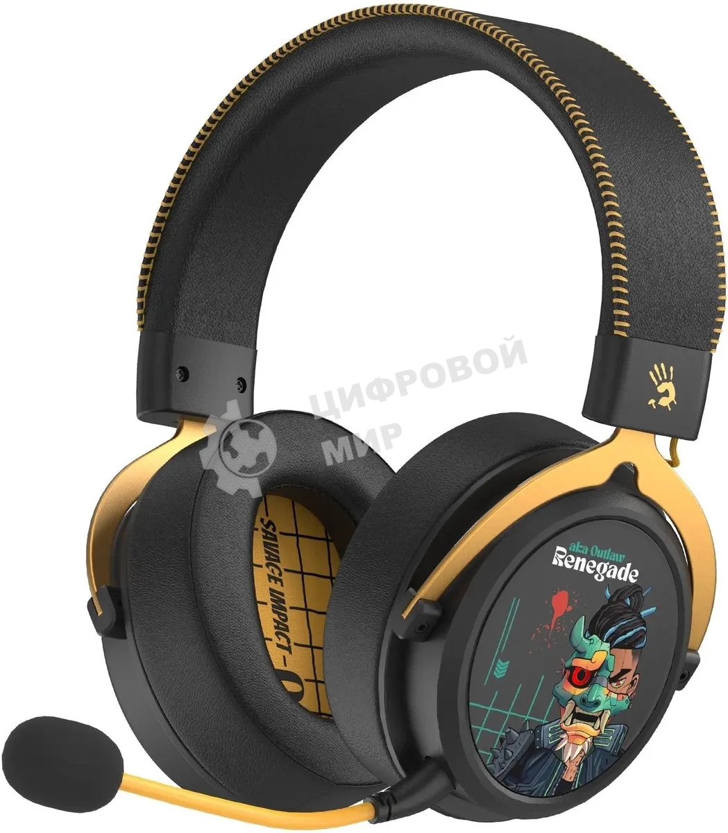 Гарнитура Bloody MR595 Renegade чёрный, беспроводная + проводная, Bluetooth/радиоканал/USB-C, до 135 ч, подсветка, съёмный микрофон