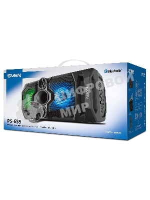 Мобильные колонки SVEN PS-655 2.0 черные (2x25W, mini Jack, USB Type-C, USB flash, Bluetooth, FM, micro SD, ПДУ, LED экран, 4400 мA, RGB подсветка)