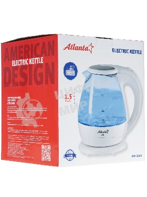 Электрочайник ATLANTA ATH-2460 белый, 1.5 л, 2200 Вт, скрытый нагревательный элемент