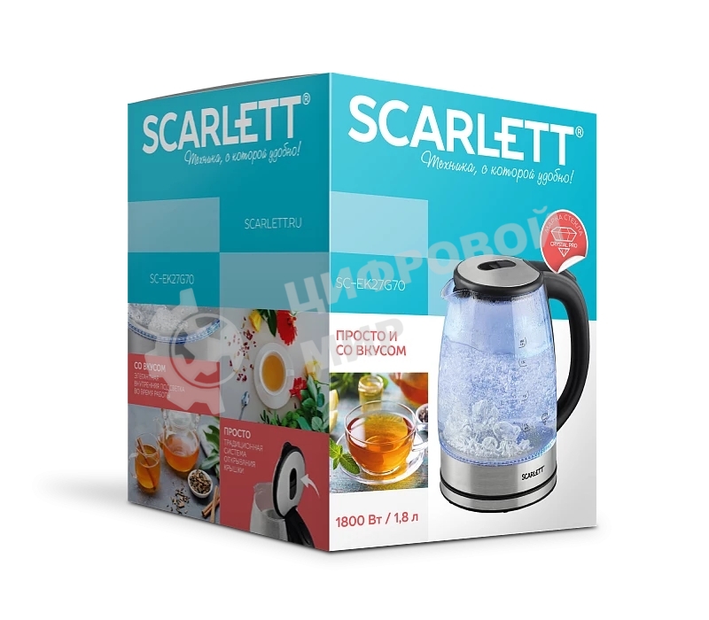 Чайник электрический Scarlett SC-EK27G70 1.8л. 1800Вт серебристый/черный (корпус: стекло)