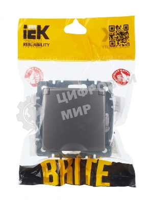 Розетка 1-местная IEK BRITE РСбш10-3-44-БрС с заземлением, с защитными шторками и крышкой, 16А, IP44, сталь