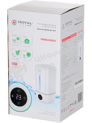 Увлажнитель воздуха Royal Clima PRIMAVERA RUH-PV350/5.0E-WT белый, 35 м², 5 л, ультразвуковой, производительность 350 мл/ч, гигростат, ароматизация, сенсорное управление, подсветка