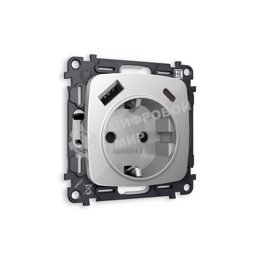 Комплект механизма электрической розетки OMEGA Серебро глянец 2USB A+C 20W (быстрая зарядка) с/з QUANT (OP4100, VM160) MO410010