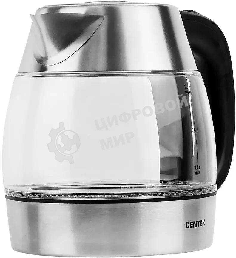 Чайник электрический Centek CT-0018, 1.2л, 1600Вт, стекло, серебристый