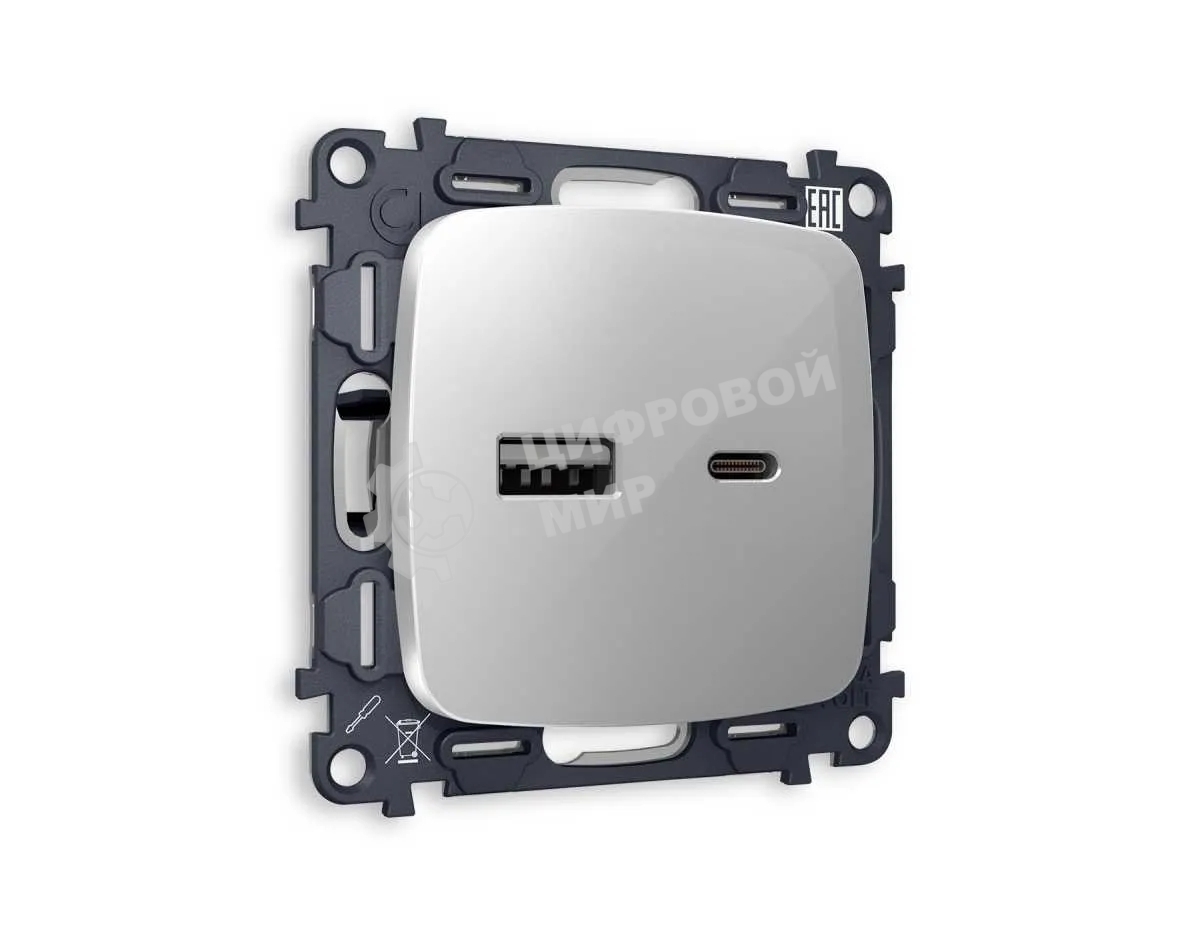 Комплект механизма розетки OMEGA Серебро глянец 2USB A+C 20W (быстрая зарядка) QUANT (OP4110, VM177) MO411010