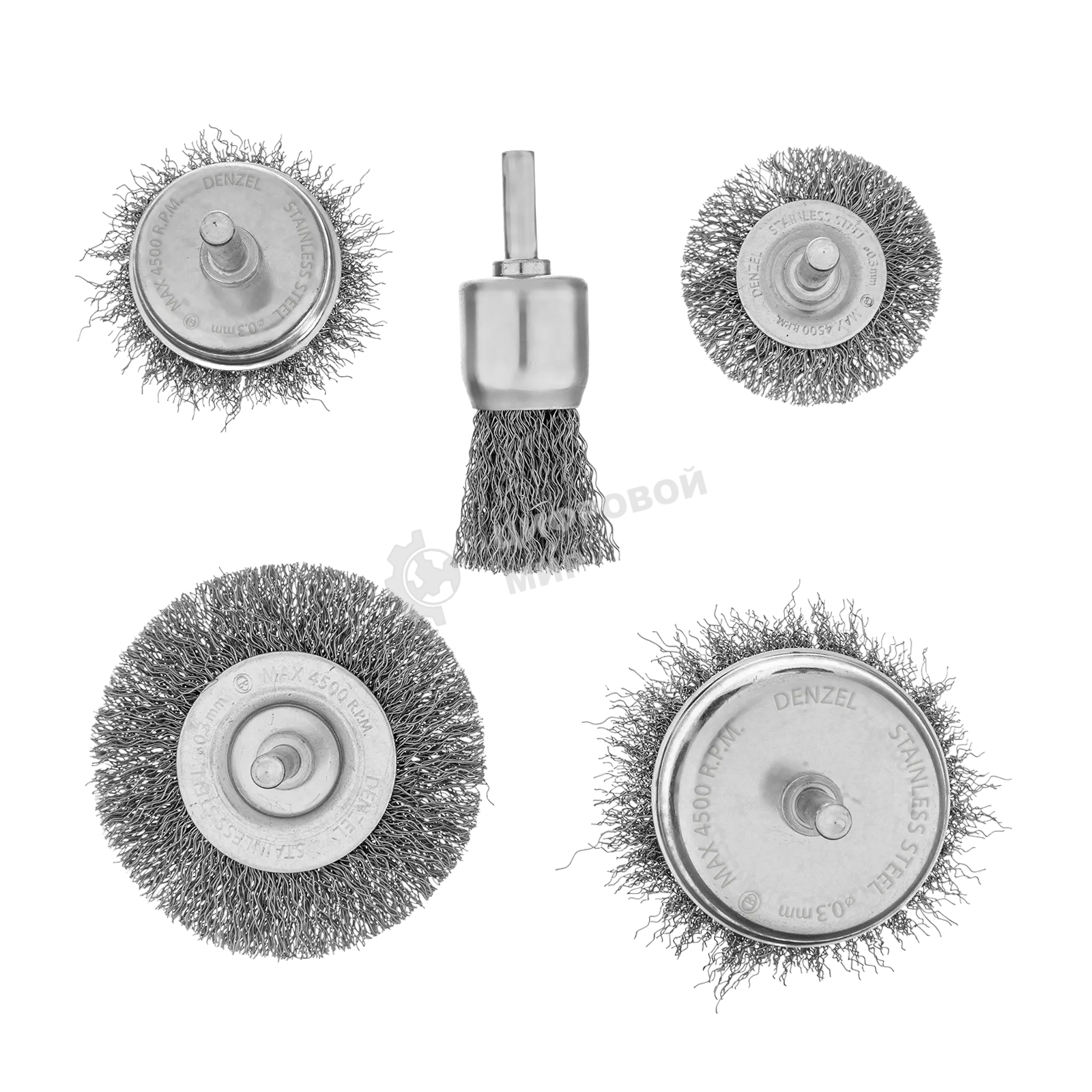 Набор щеток для дрели Denzel 2 Плоские 50-75 мм, 3 Чашки 25-50-75 мм, шпилька, нерж.вит. проволока