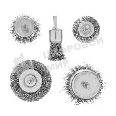 Набор щеток для дрели Denzel 2 Плоские 50-75 мм, 3 Чашки 25-50-75 мм, шпилька, нерж.вит. проволока