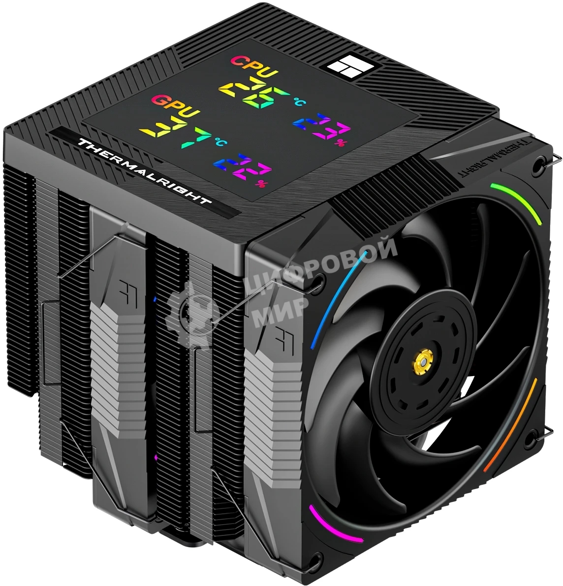 Кулер для процессора Thermalright Phantom Spirit 120 Digital EVO (4-pin PWM, LED temp., 160mm, Ni/CU, 7x6mm, ARGB, 2x120mm, 69CFM, 27dBA, 2150RPM, S: 1851, 1700, 1200, 115X, AM5, AM4, black)