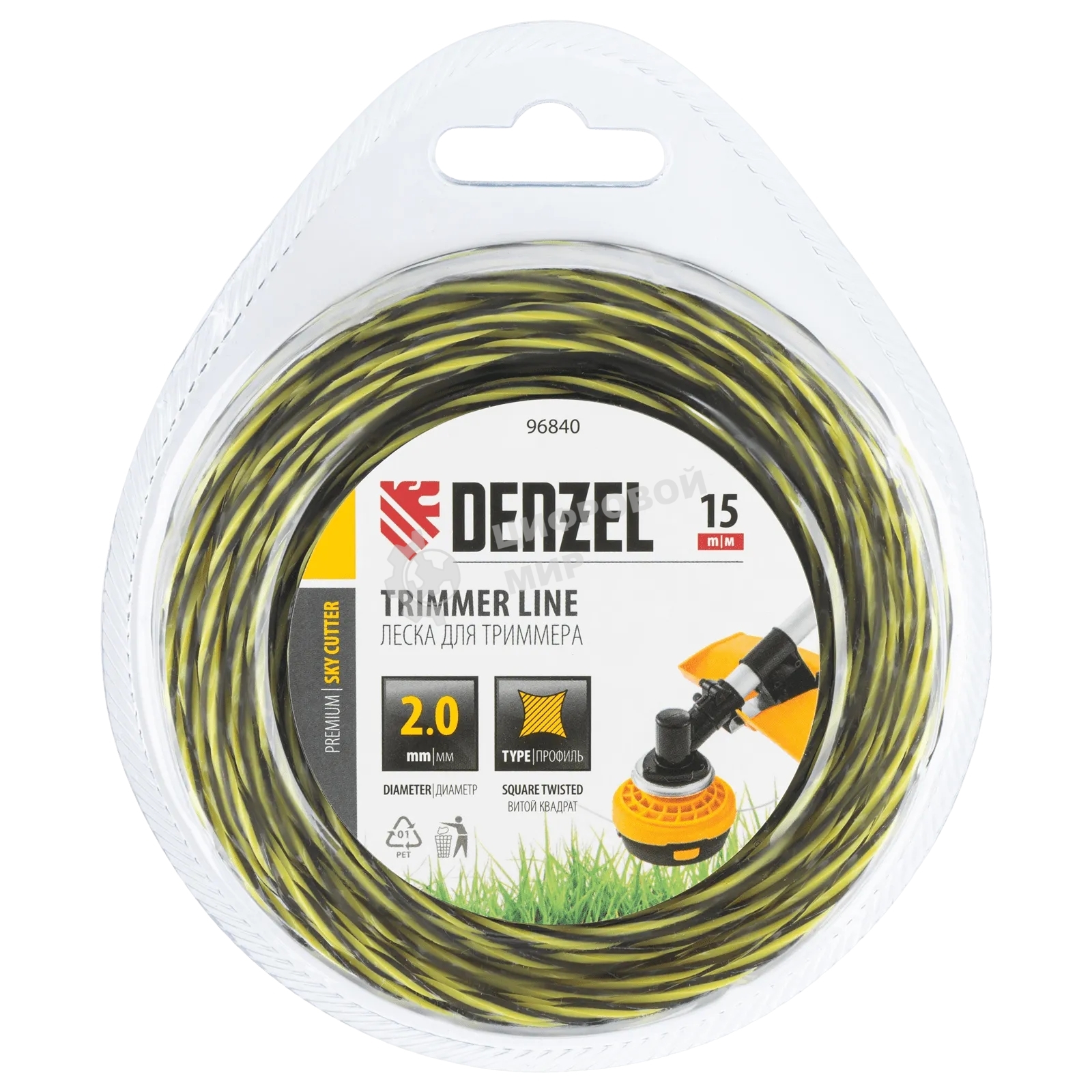 Леска для триммера Denzel двухкомпонентная витая квадратная, 2,0мм х 15м, блистер SkyCutter