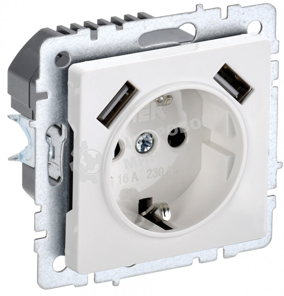 Розетка 1-местная IEK BRITE РЮш10-2-БрБ (BR-R14-16-U21-D31-K01) с заземлением, с защитными шторками, 16А, с USB A+A 5В 3,1А, белый