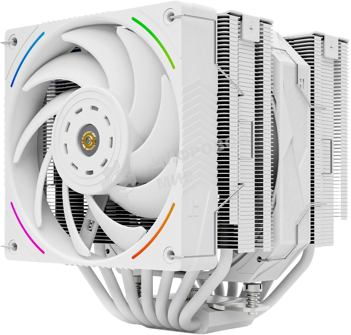 Кулер для процессора Thermalright Royal Pretor 130 Ultra White (4-pin PWM, 158mm, Ni/Cu, 7x6mm, 1x120mm ARGB +1x130mm, 69CFM/81.88CFM, 27dBA/28.3dBA, 2150RPM/1750RPM, S: 1200, 1700, 1851, 115X, 2011, 2066, AM4, AM5, white)