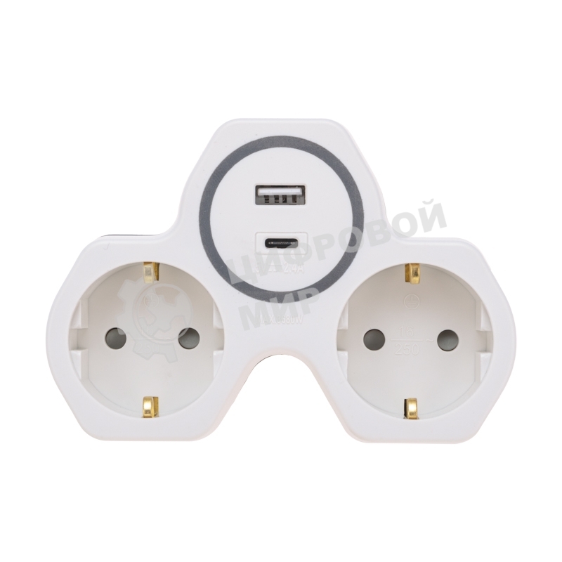 Двойник Rexant электрический (разветвитель) 16А с/з + USB-A + USB-C с защитными шторками, белый