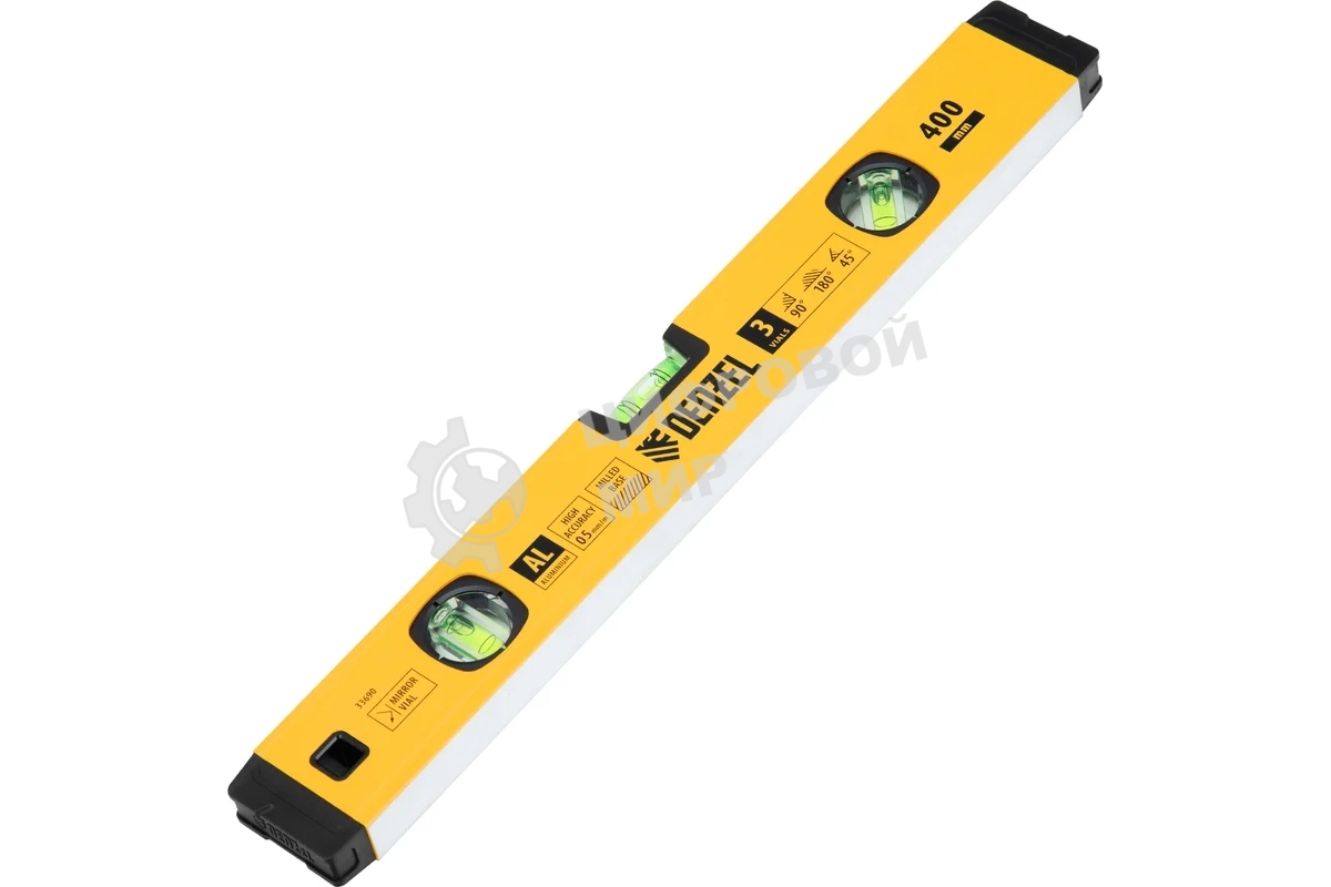 Уровень алюминиевый Denzel магнит., фрезерованный, 3 глазка (1 зеркал.), 0,5 мм/м, 400 мм