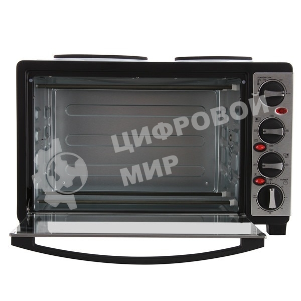 Мини-печь Mystery MOT-3330 (нержавеющая сталь, 1500 Вт, 2 конфорки, гриль, съемный вертел)