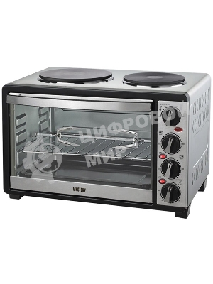 Мини-печь Mystery MOT-3330 (нержавеющая сталь, 1500 Вт, 2 конфорки, гриль, съемный вертел)