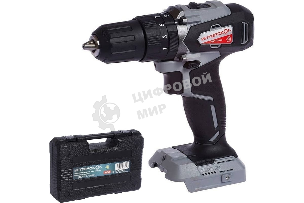 Дрель-шуруповерт аккумуляторная ИНТЕРСКОЛ ДАУ-13/18ВК, Аккумуляторный, 18В, Без АКБ и ЗУ, Ударный, Кейс