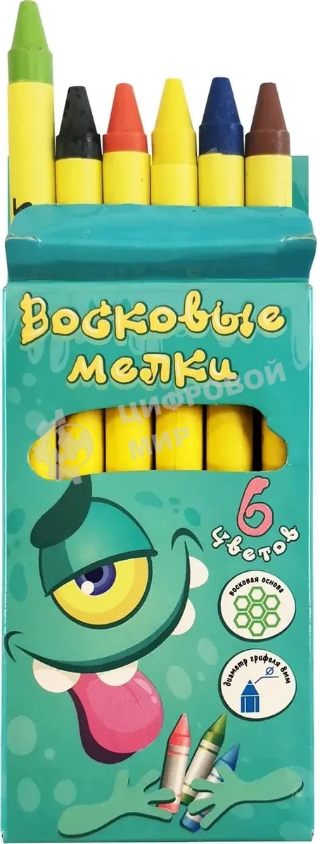 Восковые мелки Silwerhof Монстрики, круглые, 6 цветов, длина 89мм, диаметр 8мм, картонная коробка с европодвесом