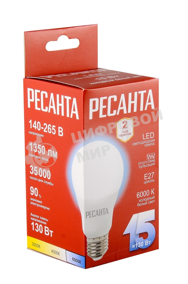 Лампа светодиодная Ресанта LL-R-A65-15W-230-6K-E27 груша