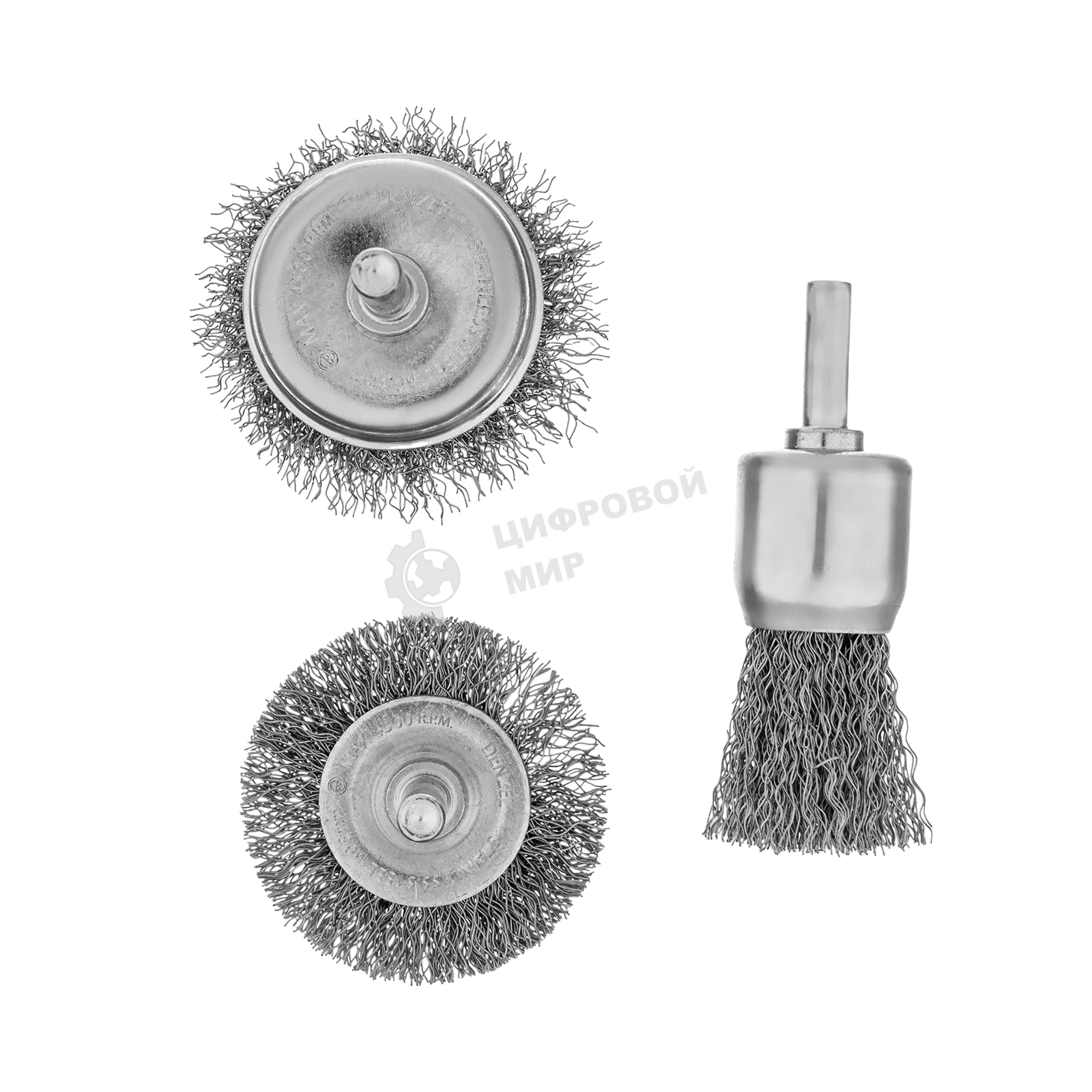 Набор щеток для дрели Denzel 1 Плоская 50 мм, 2 Чашки 25-50 мм, шпилька, нерж. вит. проволока