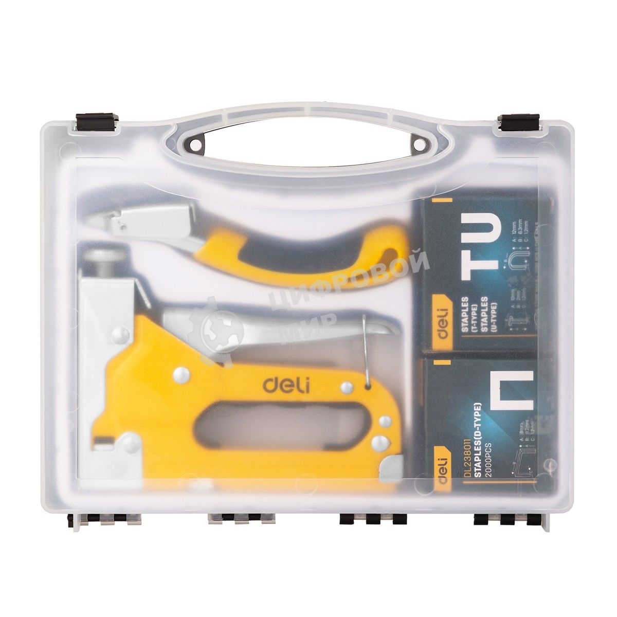 Мебельный степлер Deli DL238105 с набором скоб + антистеплер Набор: 2000шт дверные гвозди. 2000шт Т-гвозди. 2000шт U-гвозди. 1шт скобоудалитель.