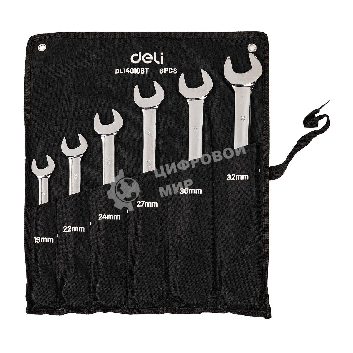 Набор комбинированных ключей с трещоткой 6 шт Deli DL140106T Спецификация: 19,22,24,27,30,32мм. Сталь 40 Cr. Трещотка 50BV30 72Т. Чехол из ткани Oxford