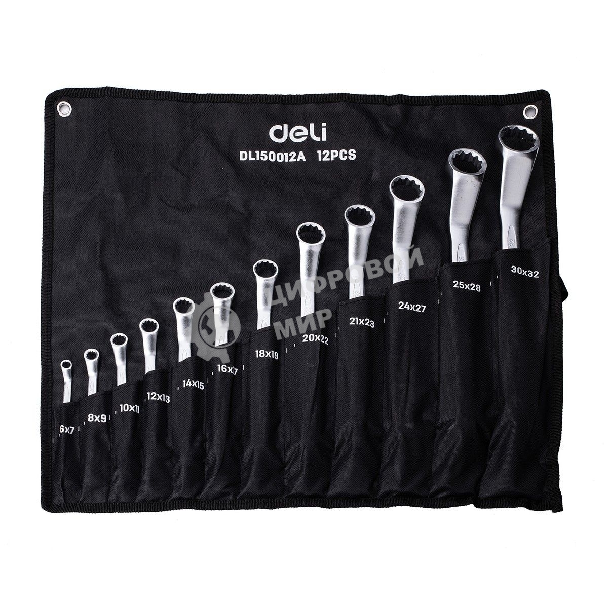 Набор накидных изогнутых гаечных ключей 12 шт Deli DL150012A Спецификация: 6x7, 8x9, 10x11, 12x13, 14x15, 16x17, 18x19, 20x22, 21х23, 24х27, 25х28, 30х32. Матовая хромированная поверхность. Чехол из ткани Oxford.