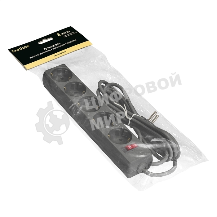 Удлинитель ExeGate EC-5-3B (EX279357RUS), черный, 3 м, 	евровилка с заземлением, 5 евророзеток с заземлением, 2200 Вт