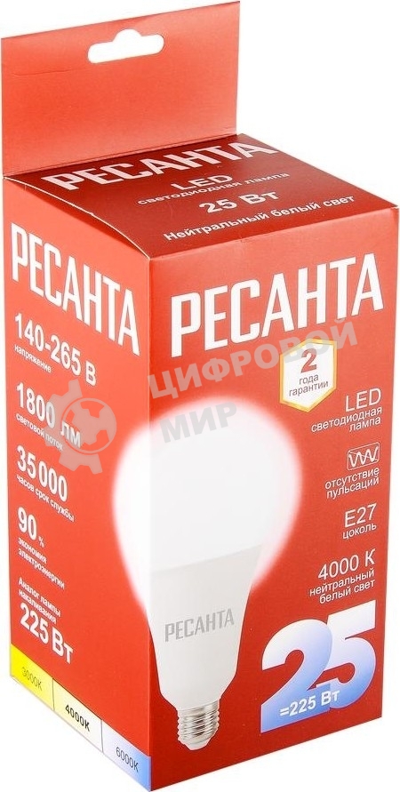 Лампа светодиодная Ресанта LL-R-A95-25W-230-4K-E27 груша