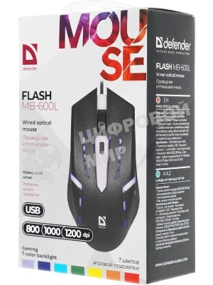Мышь проводная Defender Flash MB-600L черный, 1200 dpi, USB, кнопки - 4