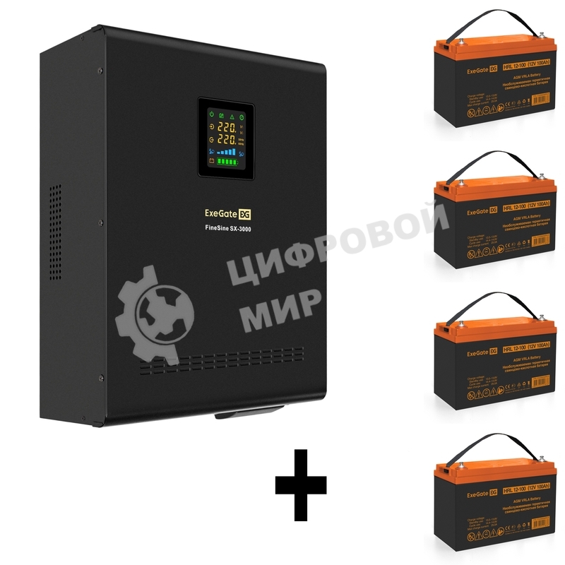 Комплект Источник бесперебойного питания EX296003RUS + батарея 100Aч EX285656RUS 4шт (инвертор, синус, для котла, настенный) ExeGate FineSine SX-3000.LCD.AVR.2SH.T 3000VA/2100W, чистая синусоида, цветной LCD-дисплей, AVR, 2*Schuko+клеммы, линейно-интерактивный, крепление настенное, Black + батарея ExeGate HRL 12-100 (12В, 100А·ч) 4шт