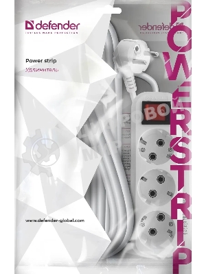 Удлинитель Defender L330 белый, 15 м, EURO, 3 розетки, 3500 Вт