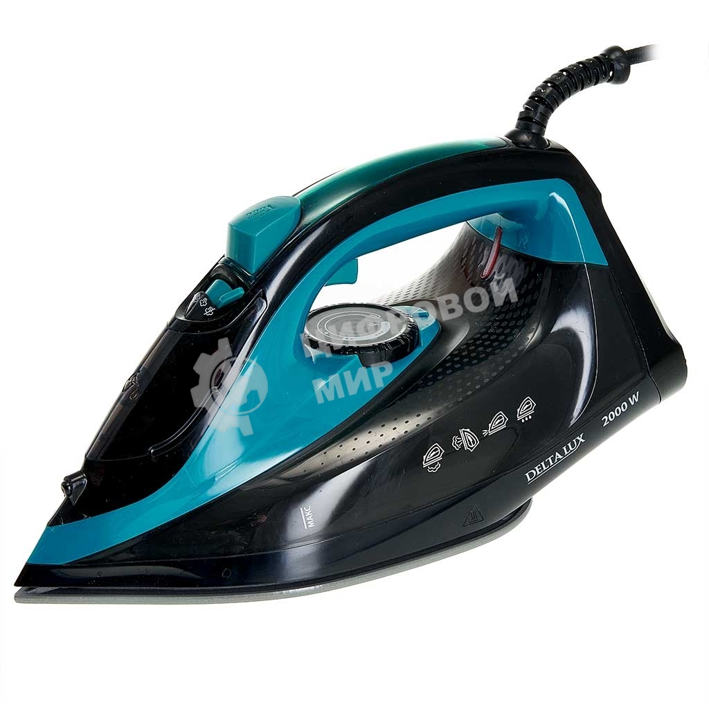 Утюг Delta Lux DE-3000 черный/бирюзовый, 2000 Вт, 20±5 г/мин, 130 г/мин, 320 мл